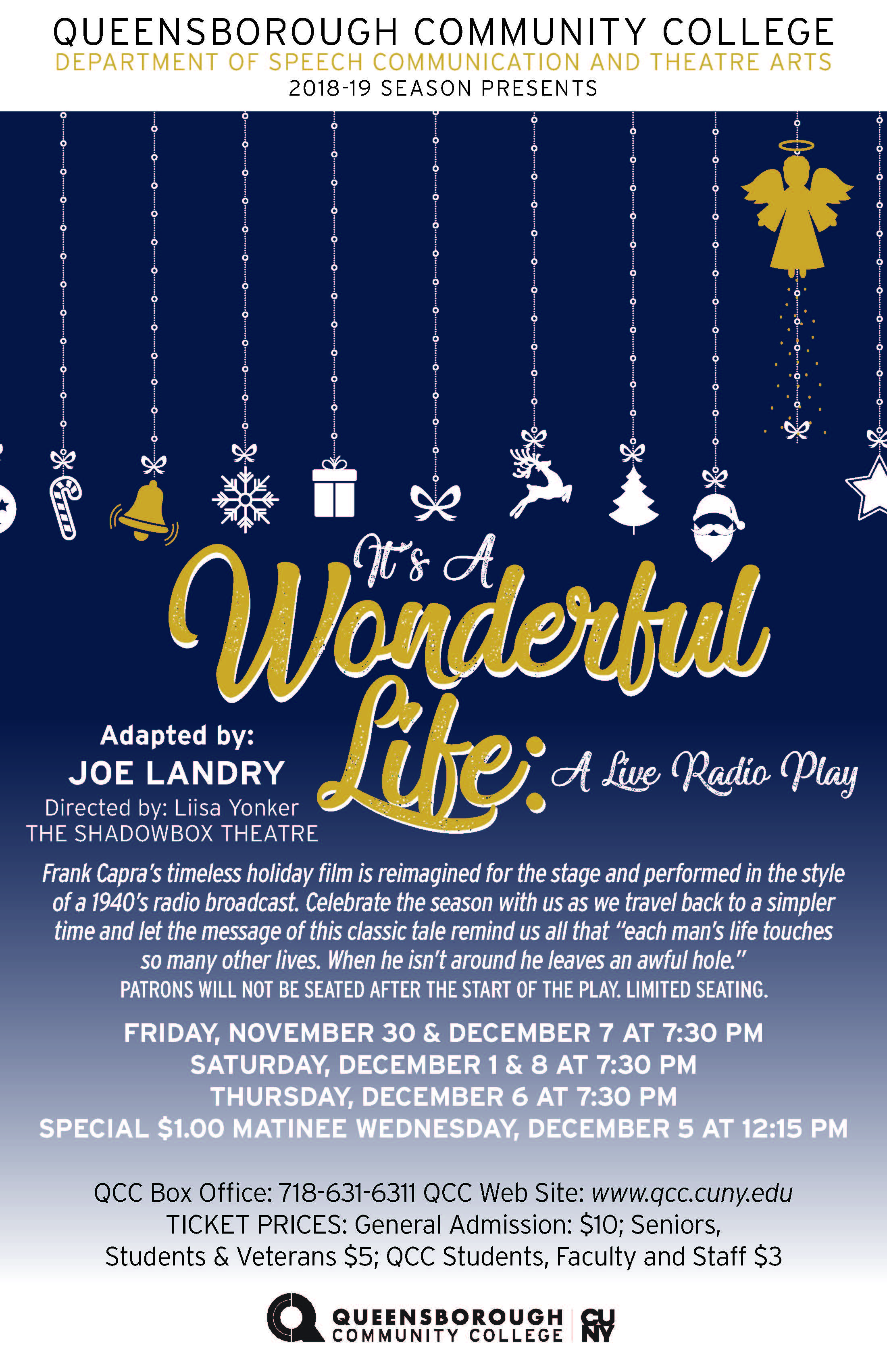 This is a poster for the fall 2018 production of ‘It’s a Wonderful Life’, adapted by Joe Landry and directed by Professor Yonker. The poster displays Christmas presents suspended in the air.